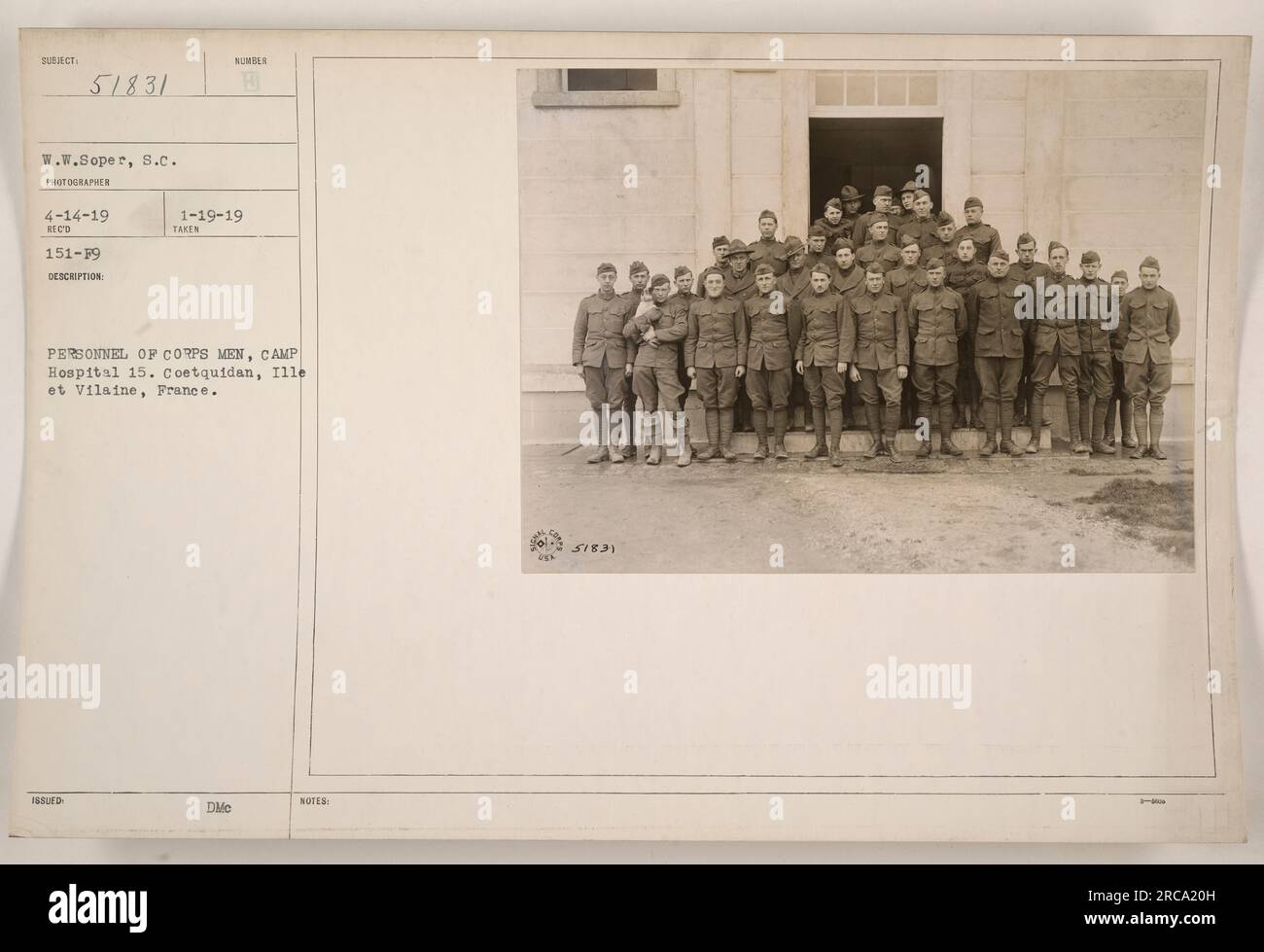 Personnel of Corps Men at Camp Hospital 15 in Coatquidan, Ille et Vilaine, France. Photograph taken by W.W. Soper on April 14, 1919. The photograph is numbered 51831 and is part of the 151-F9 collection. It was issued on January 19, 1919. Stock Photo