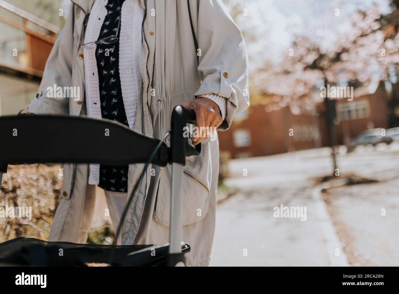 Midsection of senior woman with walker on sidewalk Stock Photo