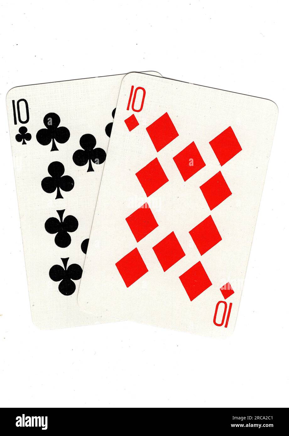 Vintage playing cards showing a pair of tens on a white background