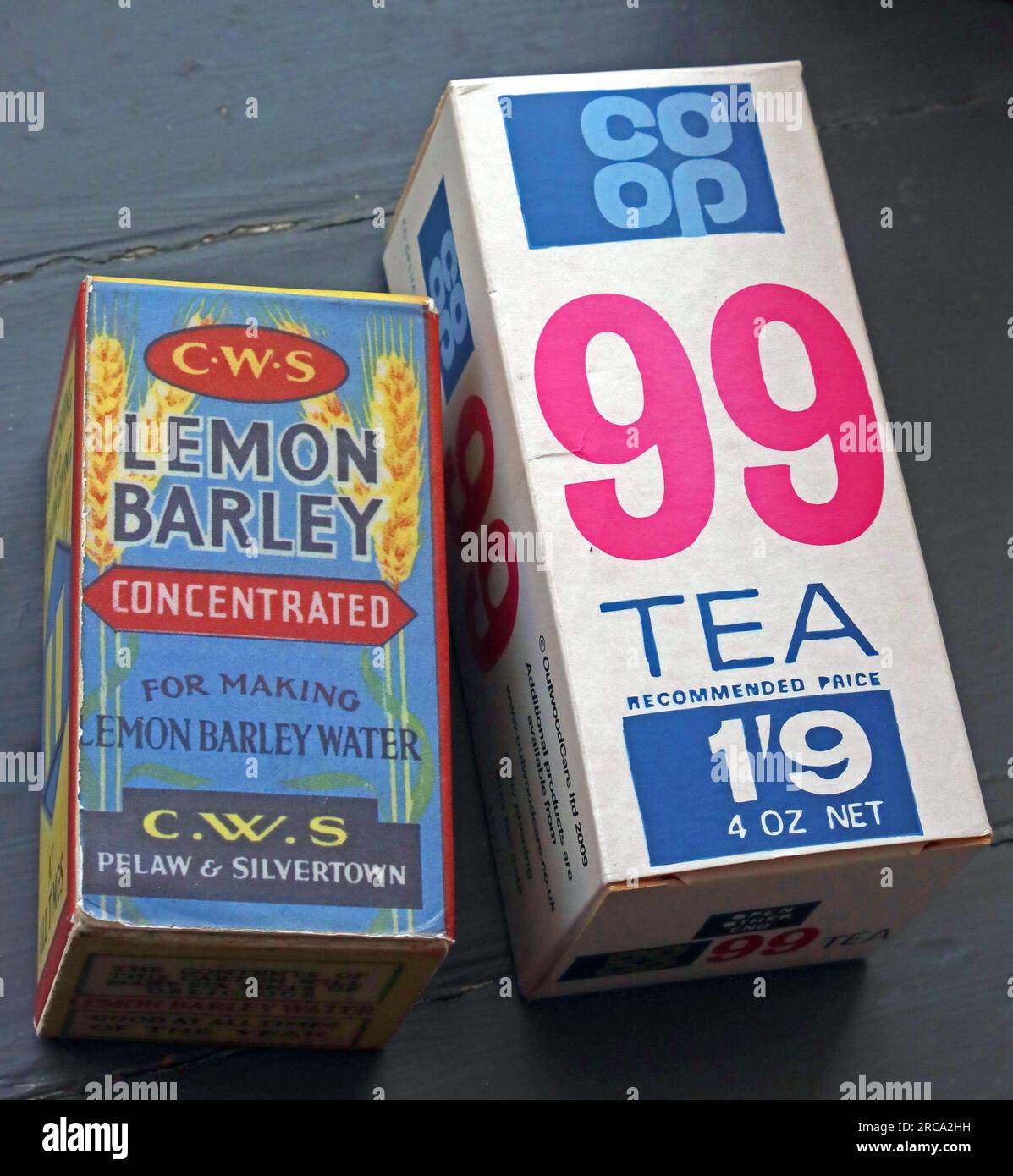 Packet of CoOp 99 Tea, from 1960s & CWS Lemon Barley from 1940s Stock Photo