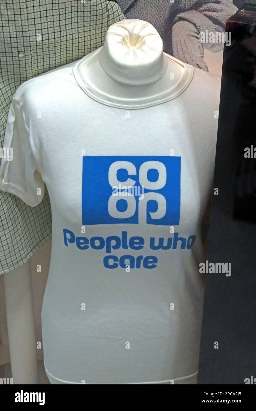 Co-Op People who care blue on white T-Shirt, CWS Rochdale, Manchester, England, UK, OL12 0NU Stock Photo