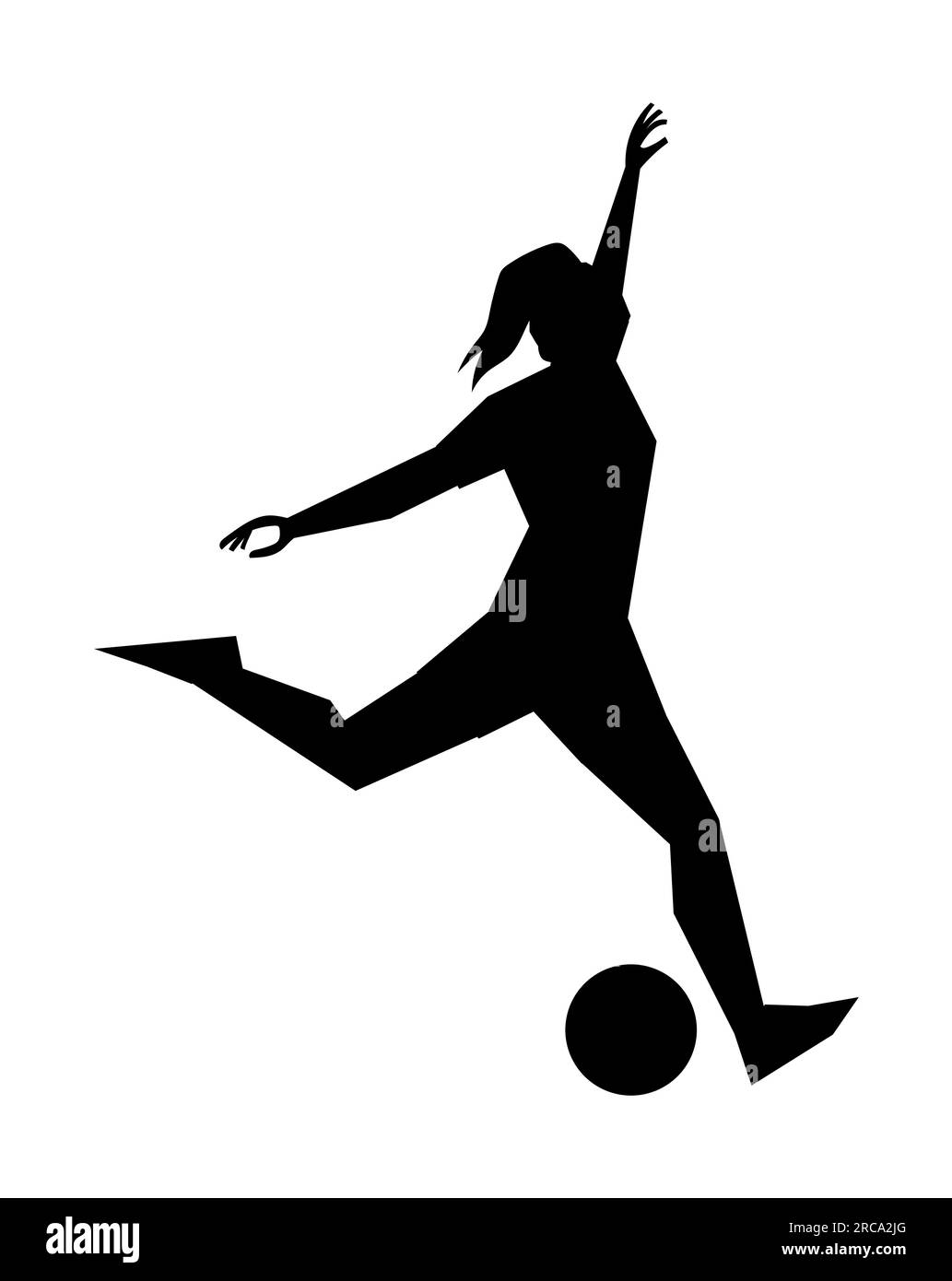 Black silhouette of woman kicking and playing football, female sports and game icon, vector illustration isolated on white background Stock Vector