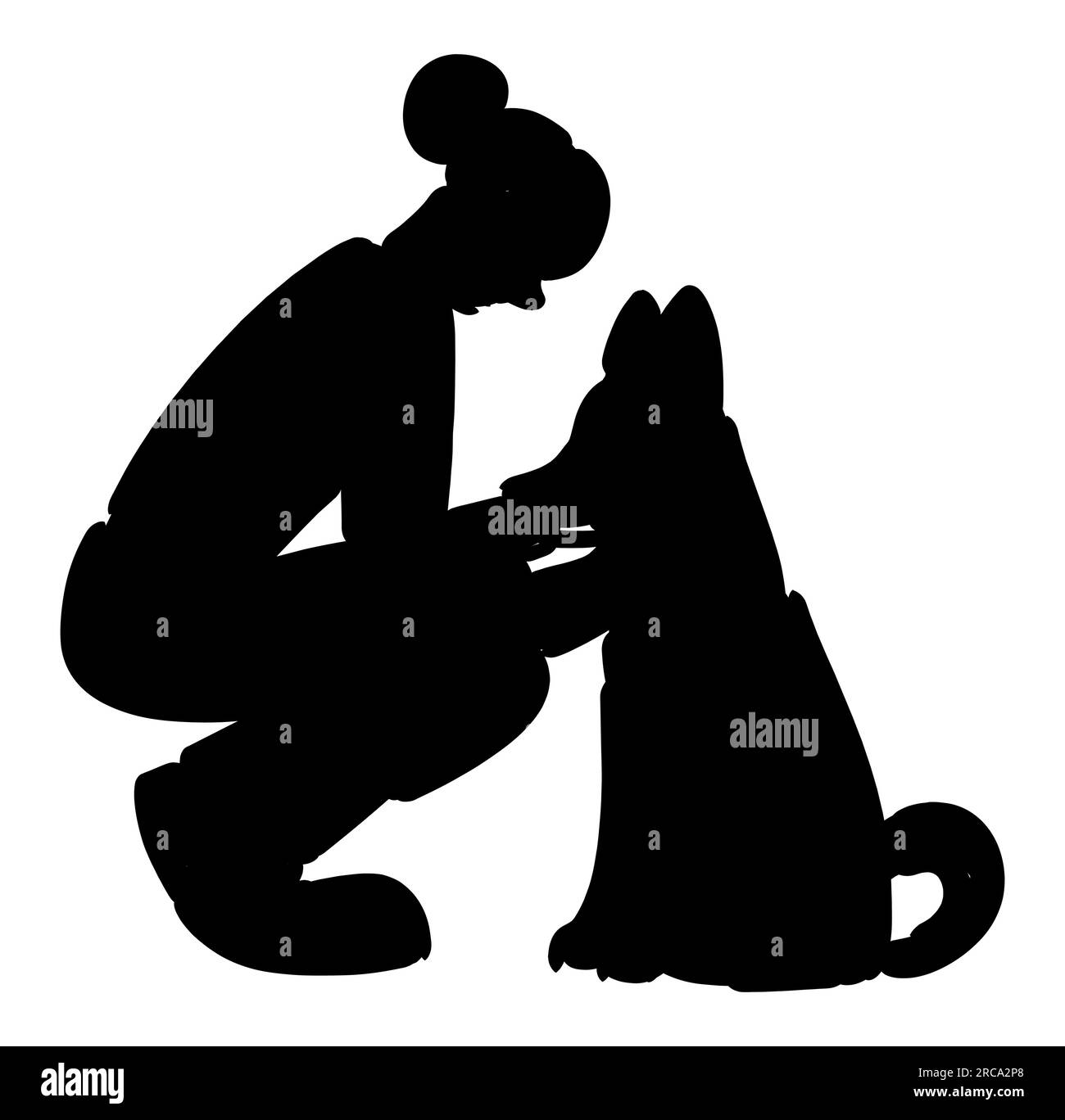 Black silhouette of a female pet owner loving her dog, a woman playing with her dog pet, animal adoption concept, cartoon vector isolated on white bac Stock Vector