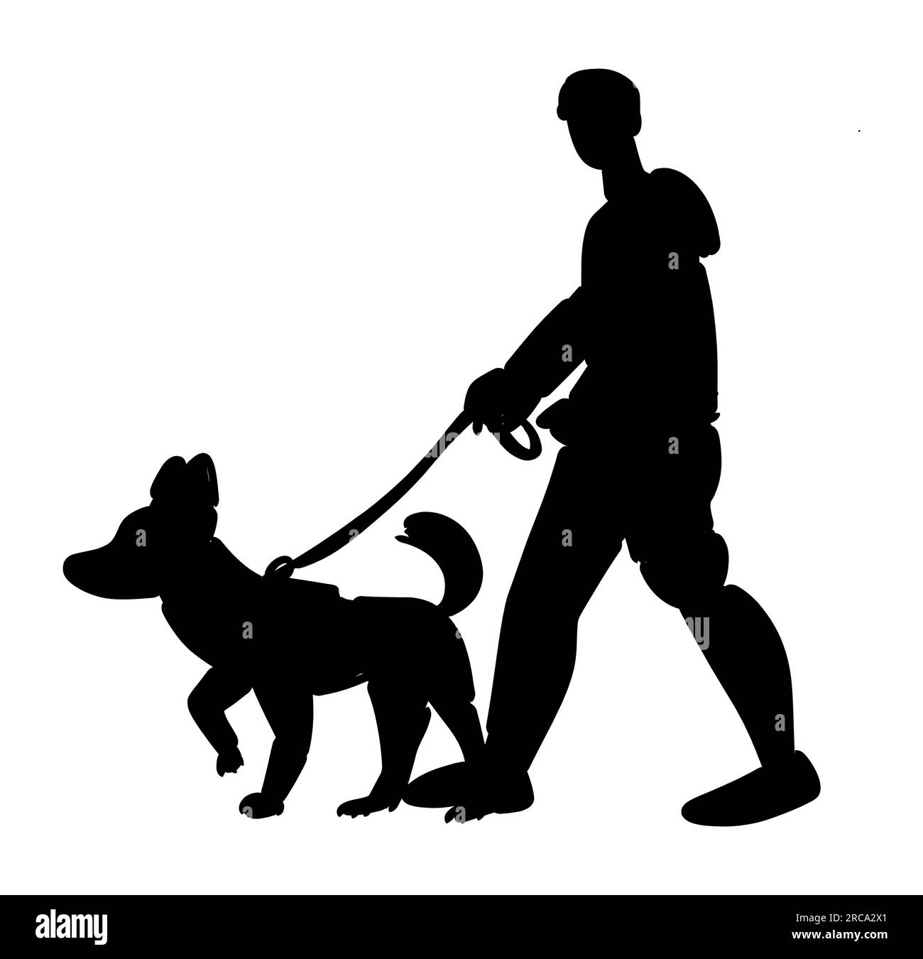 Black silhouette of a man walking a dog on a leash outdoors. A young teenager enjoying walk in the park. Dog and owner friendship, vector isolated Stock Vector
