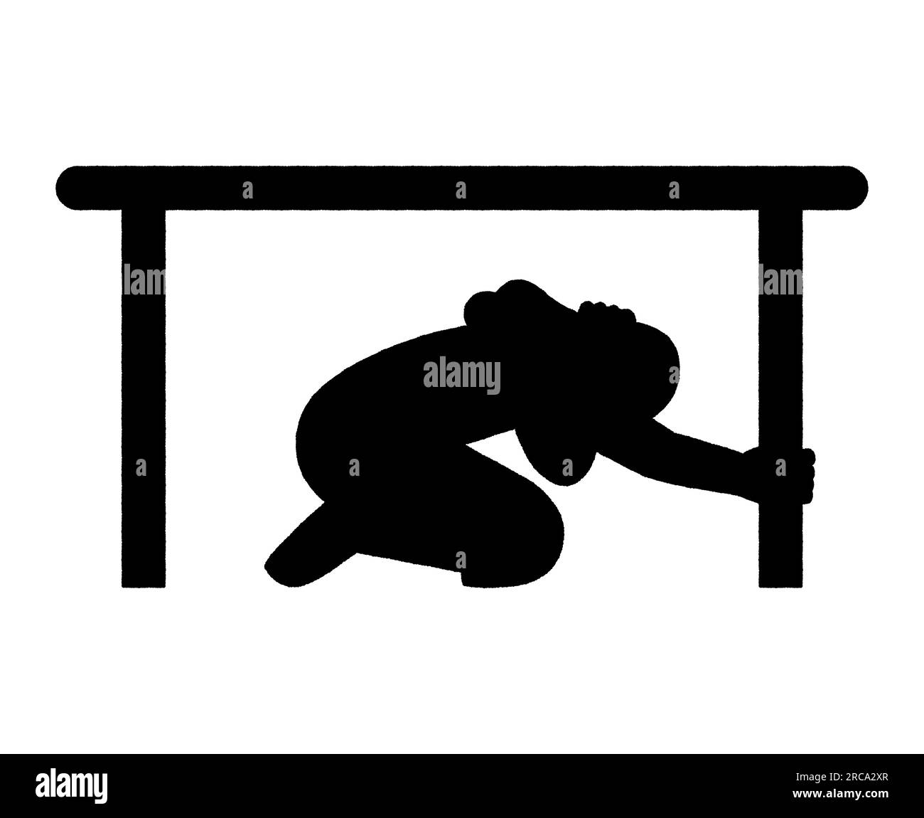 Black silhouette of a female hiding under the table due to fear of earthquake, vector isolated on white background Stock Vector