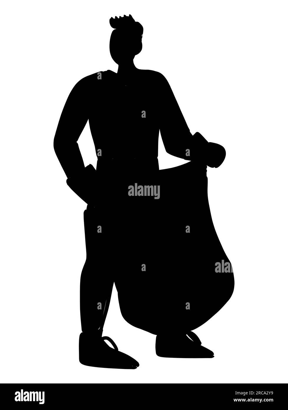 Black silhouette of a male volunteer picking up waste from the land on garbage bag, cleaning the environment, volunteer work, vector isolated on white Stock Vector
