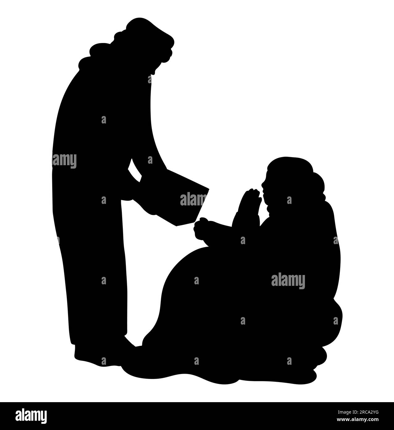 Black silhouette of a person giving charity to a homeless female, vector illustration isolated on white background Stock Vector