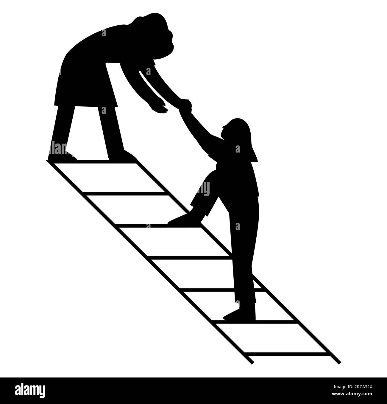 Black silhouette of two businesswomen helping each other on the ladder of success, teamwork, career goal, vector illustration isolated on white Stock Vector