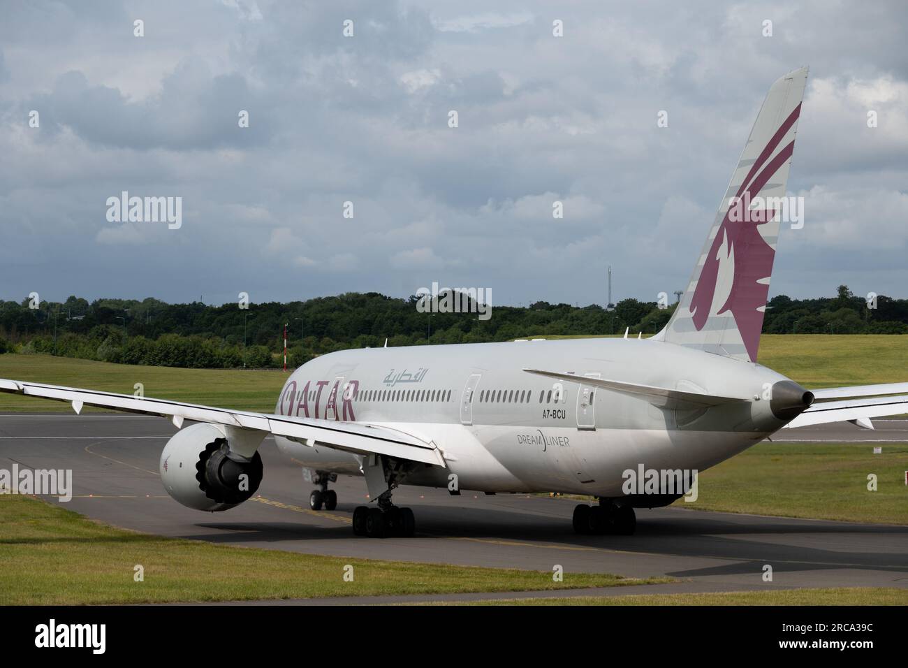 Qatar Airways Boeing 787-8 Dreamliner taxiing for take off at Birmingham Airport, UK (A7-BCU) Stock Photo