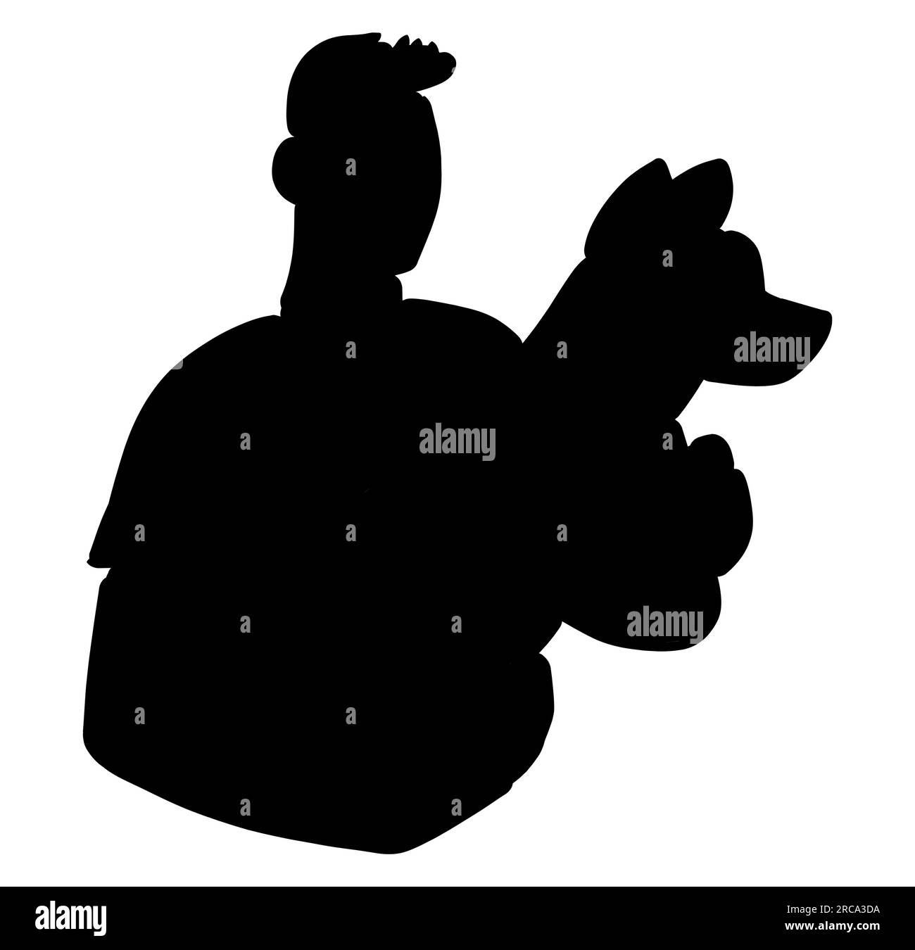 Black silhouette of a Man carrying a cute dog in his hands. Warm hugs from the pet owner, animal friend, and Lovely dog. Vector illustration isolated Stock Vector