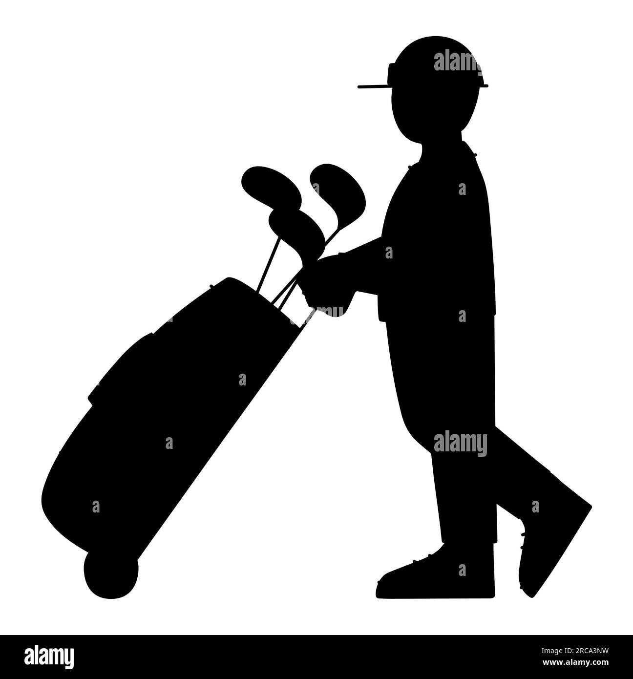 Black silhouette of a man carrying a golf bag containing golf clubs for the game, vector