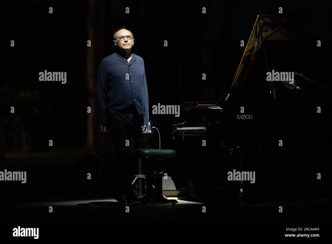 Ostia Antica, Italy. 12th July, 2023. The pianist Carlo Guaitoli during the concert 'Eri con me: Alice canta Battiato' at the Roman Theater of Ostia Antica (Photo by Matteo Nardone/Pacific Press) Credit: Pacific Press Media Production Corp./Alamy Live News Stock Photo