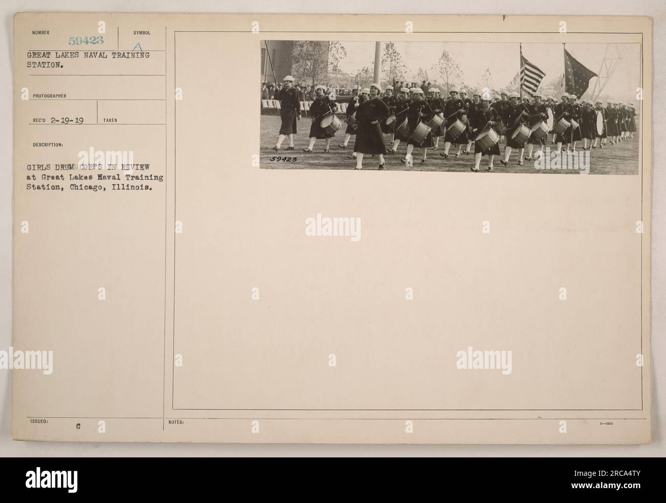 Girls drum corps performing in review at the Great Lakes Naval Training Station in Chicago