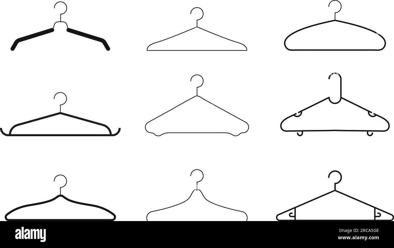 Clothes hangers, silhouettes of various clothes hangers. Trempels for the wardrobe. Icons of holders for dresses Stock Vector
