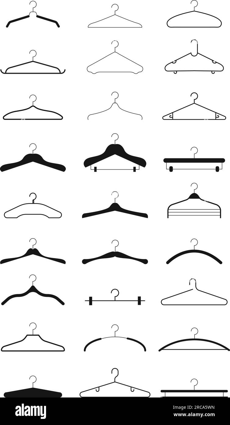 Clothes hangers, silhouettes of various clothes hangers. Trempels for the wardrobe. Icons of holders for dresses Stock Vector