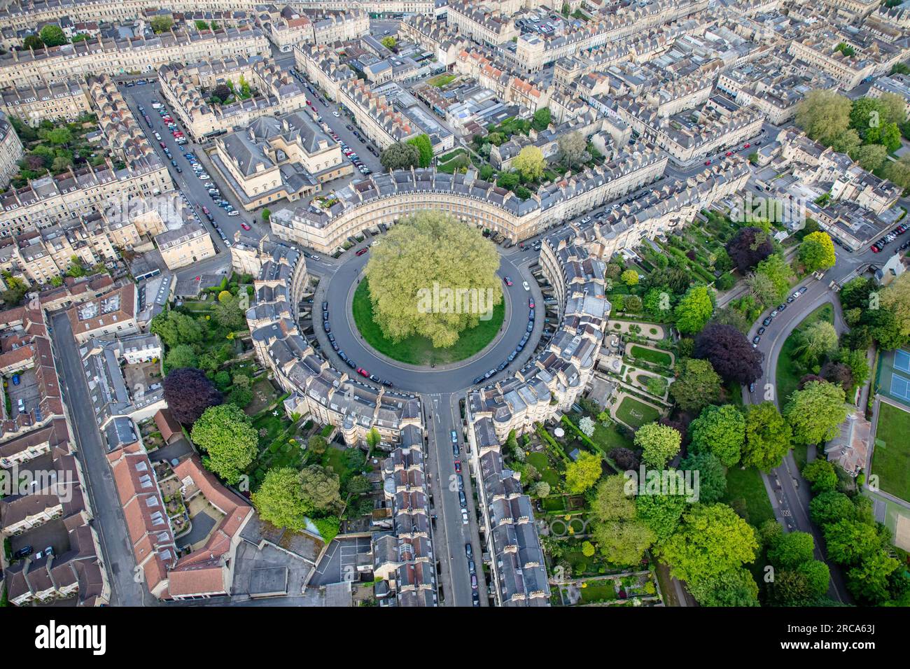 Aerial photograph of The Circus, Bath. A ring of large town