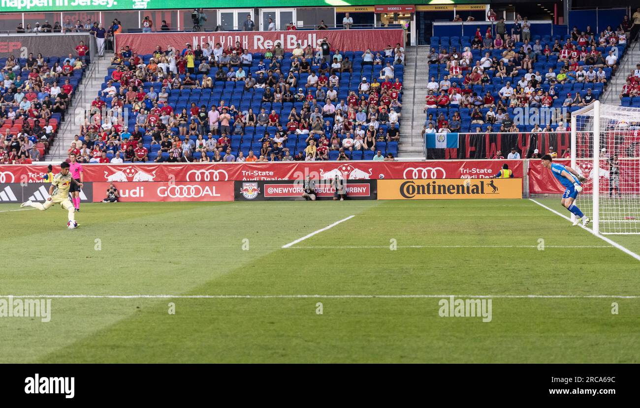 Harrison, USA. 12th July, 2023. Omir Fernandez (21) of New York Red Bulls scores goal from penalty kick during regular MLS game against Cincinnati FC at Red Bull Arena in Harrison, New Jersey on July 12, 2023. Cincinnati FC won 2 - 1. (Photo by Lev Radin/Sipa USA) Credit: Sipa USA/Alamy Live News Stock Photo