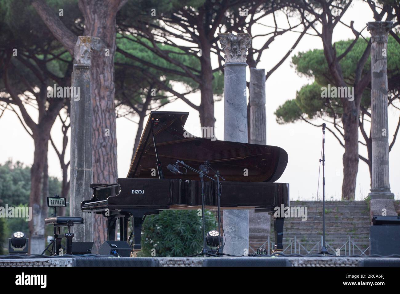 Ostia Antica, Italy. 12th July, 2023. View of the piano on stage before
