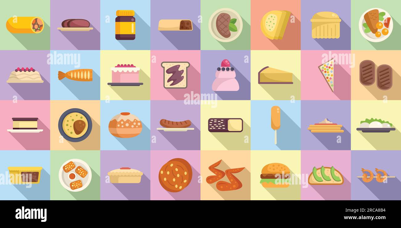 Australian cuisine icons set flat vector. Cake fresh. Dish dinner Stock Vector