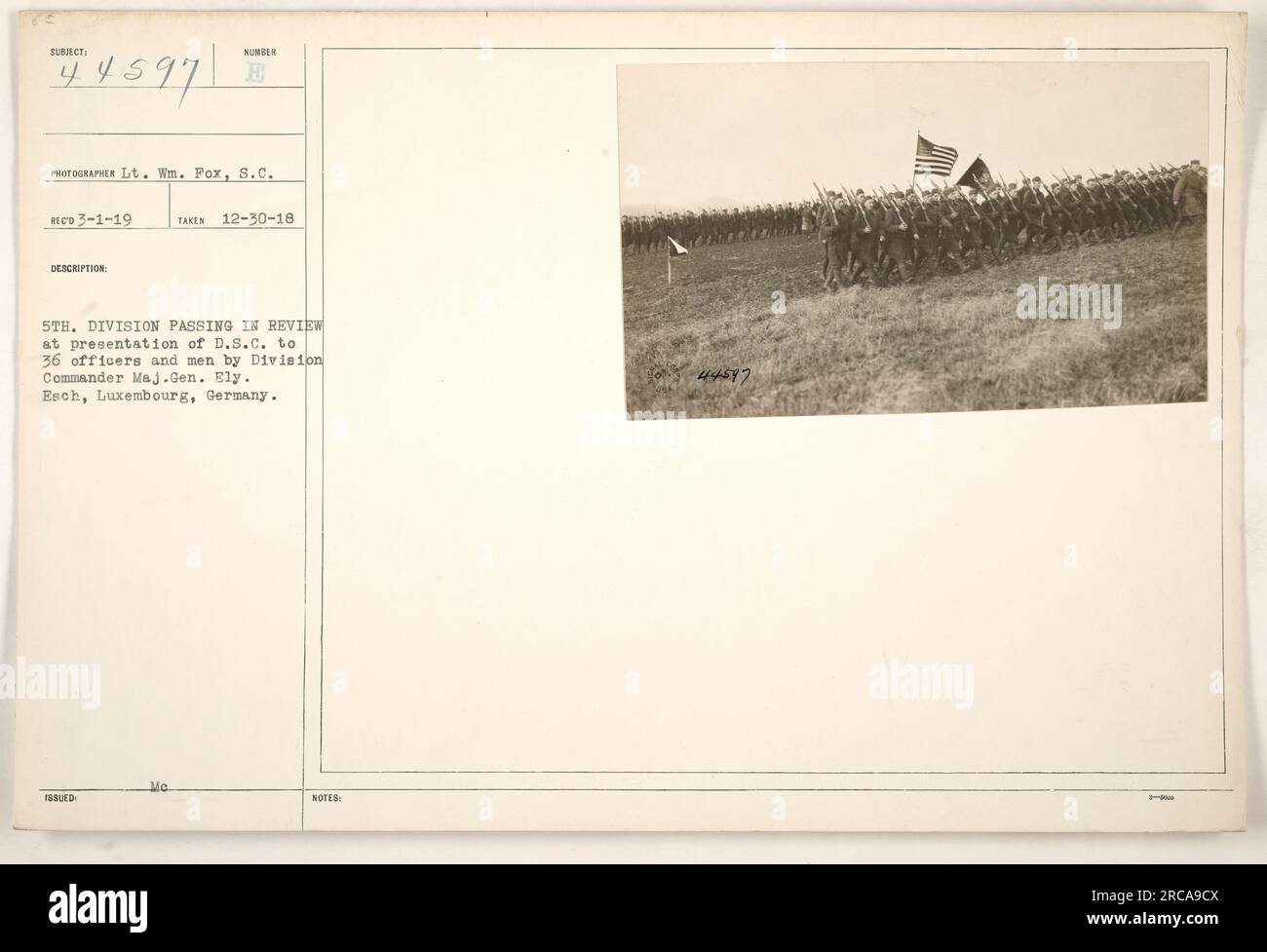 The image shows the 5th Division passing in review during the presentation of the Distinguished Service Cross (D.S.C.) to 36 officers and men by Division Commander Major General Ely. It was taken on December 30, 1918, in Esch, Luxembourg, Germany. Photographed by Lt. Wm. Fox. Stock Photo