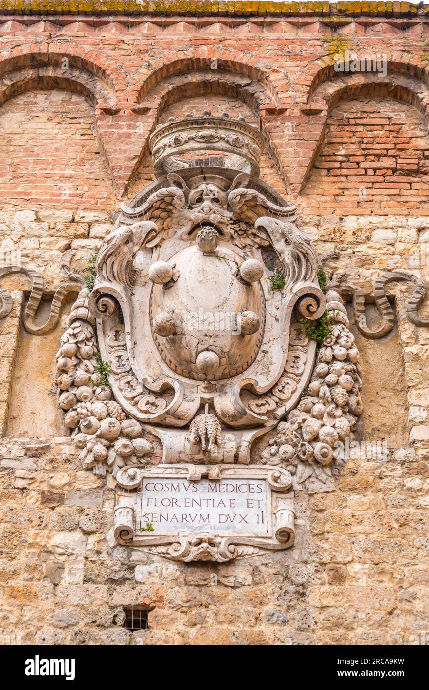 Siena, Italy - APR 7, 2022: Porta Romana is one of the portals in the medieval Walls of Siena. It is located on Via Cassia in Siena, region of Tuscany Stock Photo