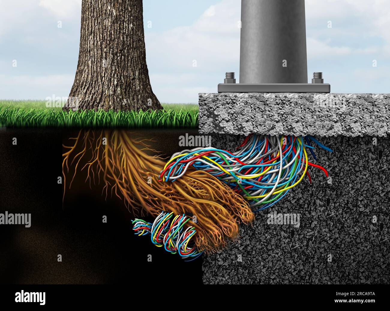 Nature And Technology and industrialization or urban planning with a tree root and electrical wires merging in agreement as a symbol for balance Stock Photo