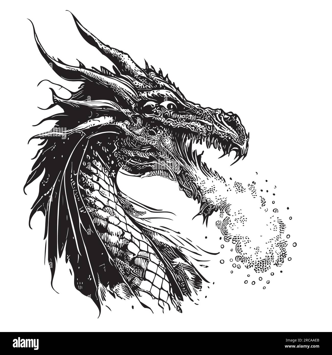 Dragon breathing fire mystical sketch drawn in doodle style illustration Stock Vector