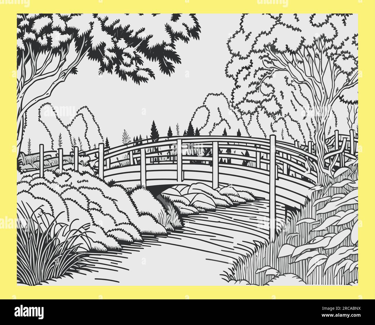 Landscape nature and Wooden bridge, Children coloring book Stock Vector