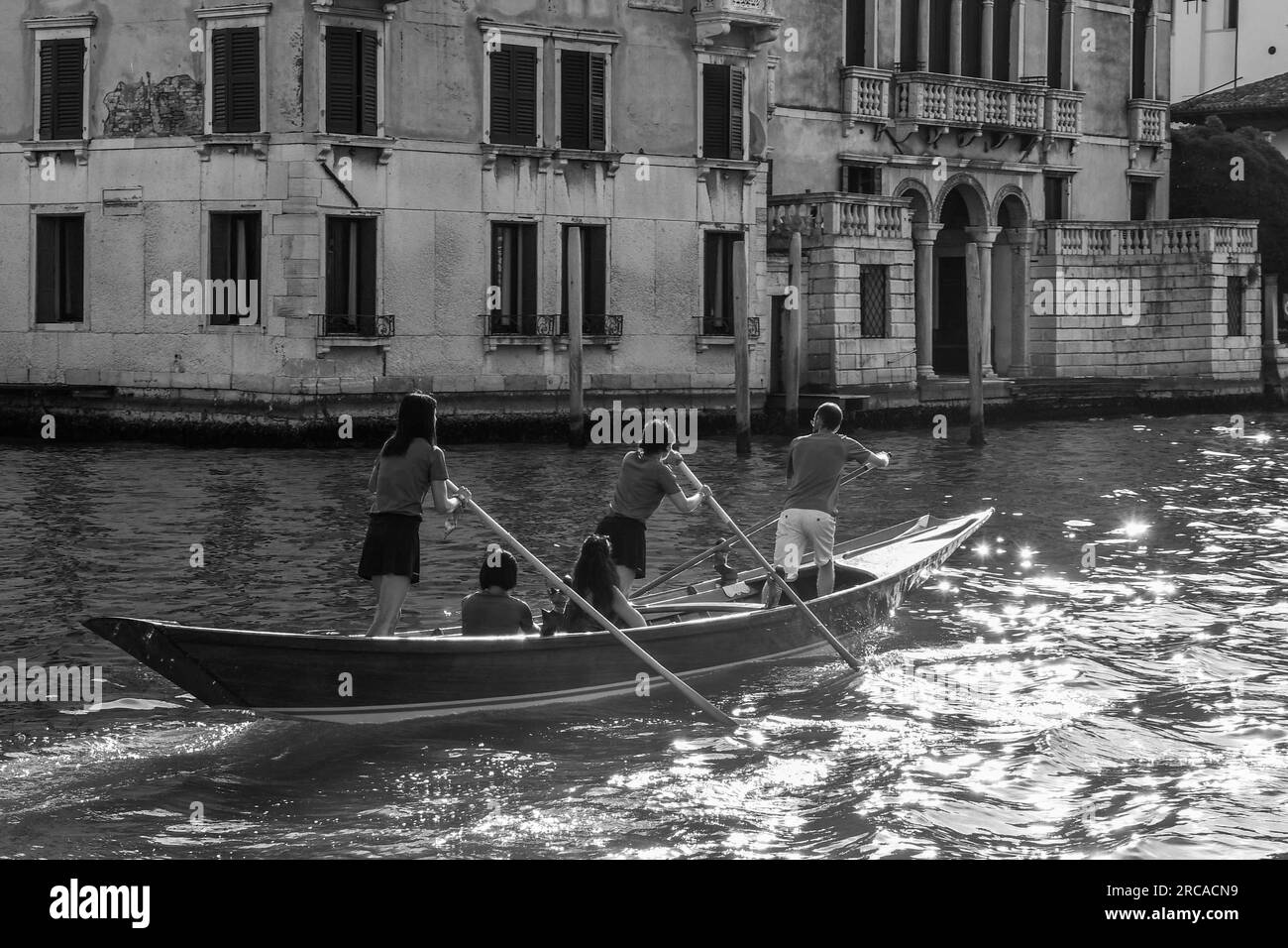 Black & White - group of people standing rowing in Venetian row style on the Grand Canal at sunset, sestiere of Dorsoduro, Venice, Veneto, Italy Stock Photo