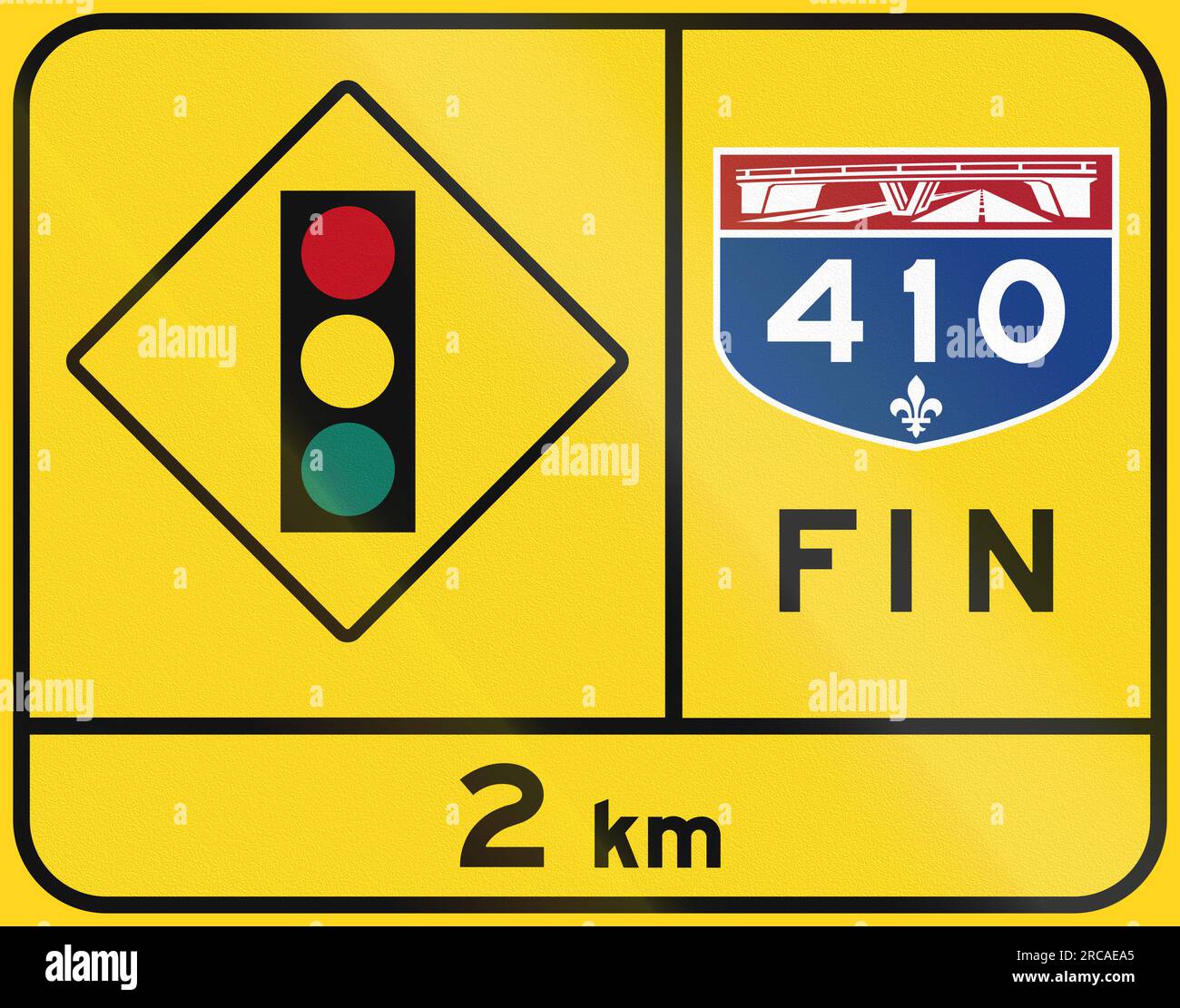 Warning road sign in Quebec, Canada End of highway, Traffic lights