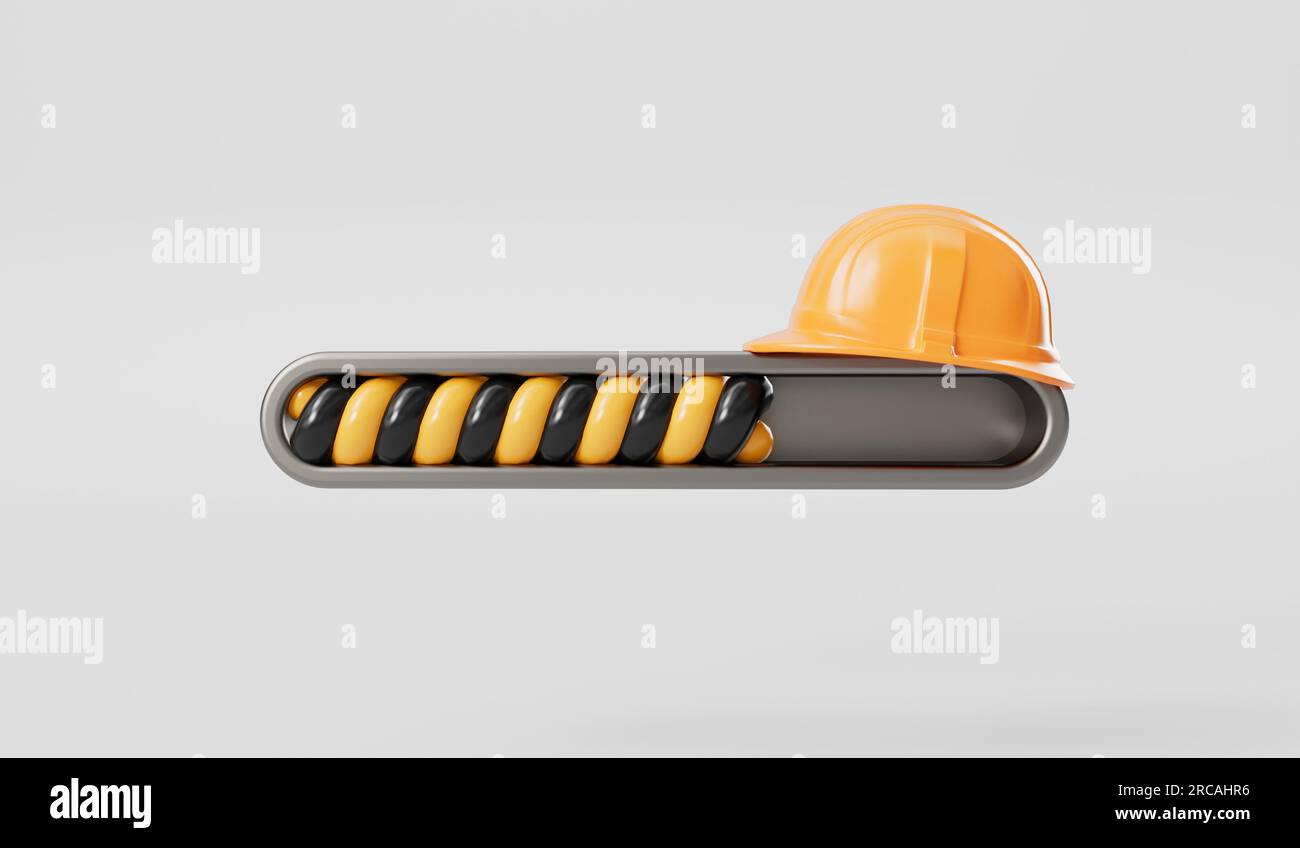 Website loading bar with builder hard hat. Page under construction. 3D Rendering Stock Photo