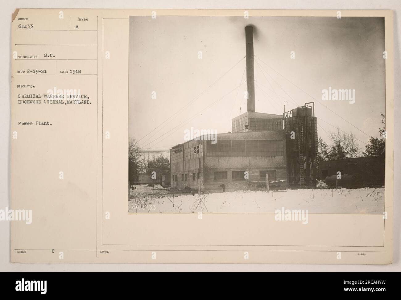 Caption: 'Power plant at Edgewood Arsenal, Maryland during World War I. This facility, identified by symbol ISSUED A, was under the administration of the Chemical Warfare Service. The photograph was taken in 1918.' Stock Photo