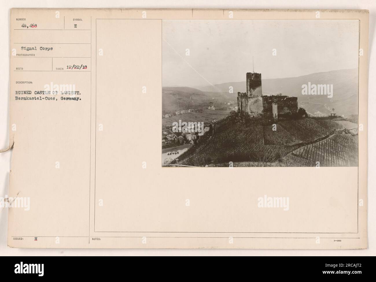 Ruined castle of Landhut in Bernkastel-Cues, Germany. The photograph was taken by the Signal Corps and received the description symbol E 18SUED. It was taken on December 22, 1918 and the castle is in a state of ruin. There are approximately 3-400 notes associated with this image. Stock Photo