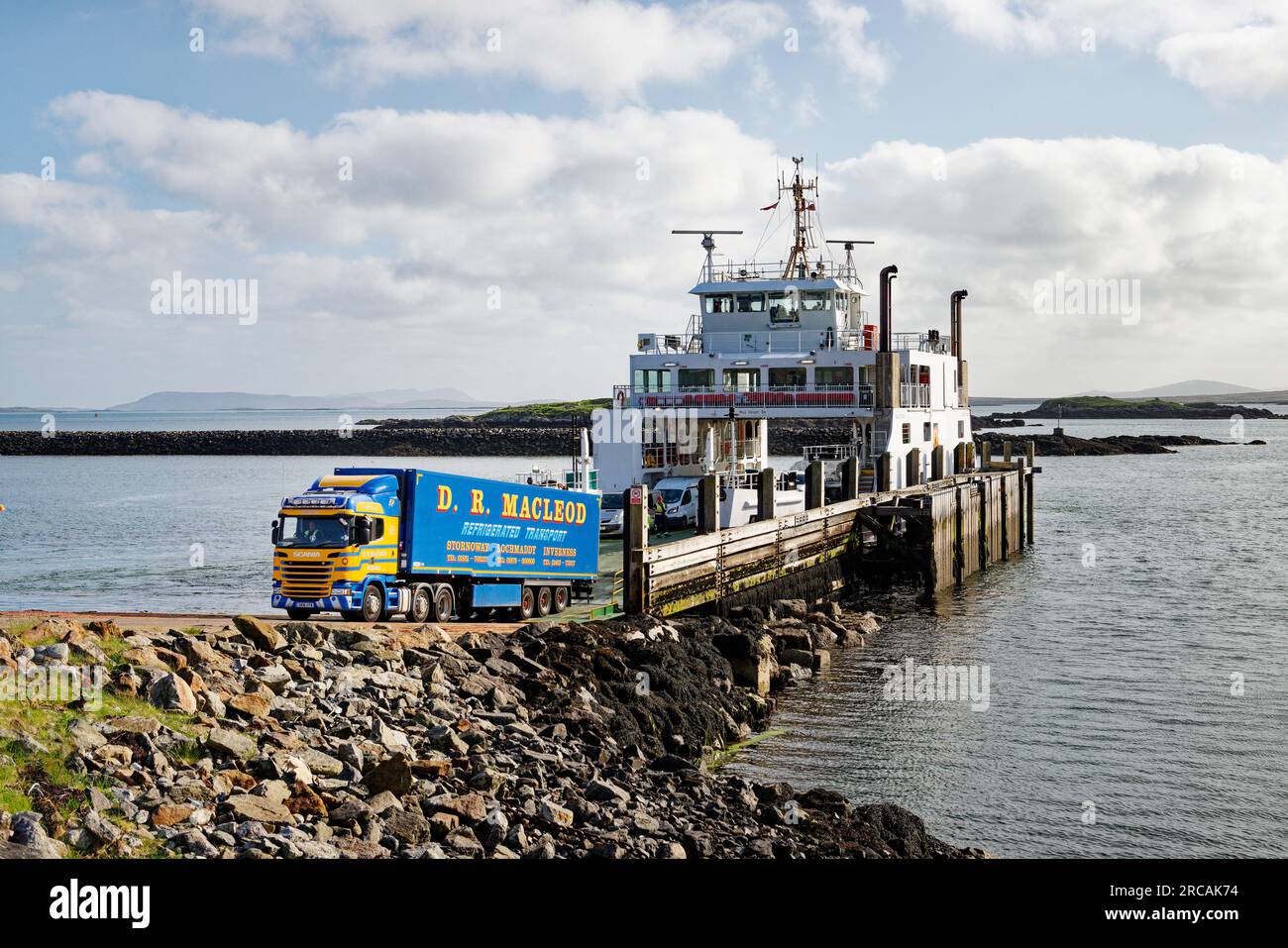 MV Loch Portain, the Calmac Sound of Harris car ferry arriving at Leverburgh, Harris, from Berneray. Outer Hebrides, Scotland Stock Photo