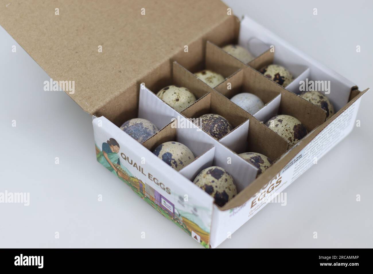 Mumbai, India, July 13 2023 Packaged Quail eggs by Fresh to home brand. Quail eggs are healthy