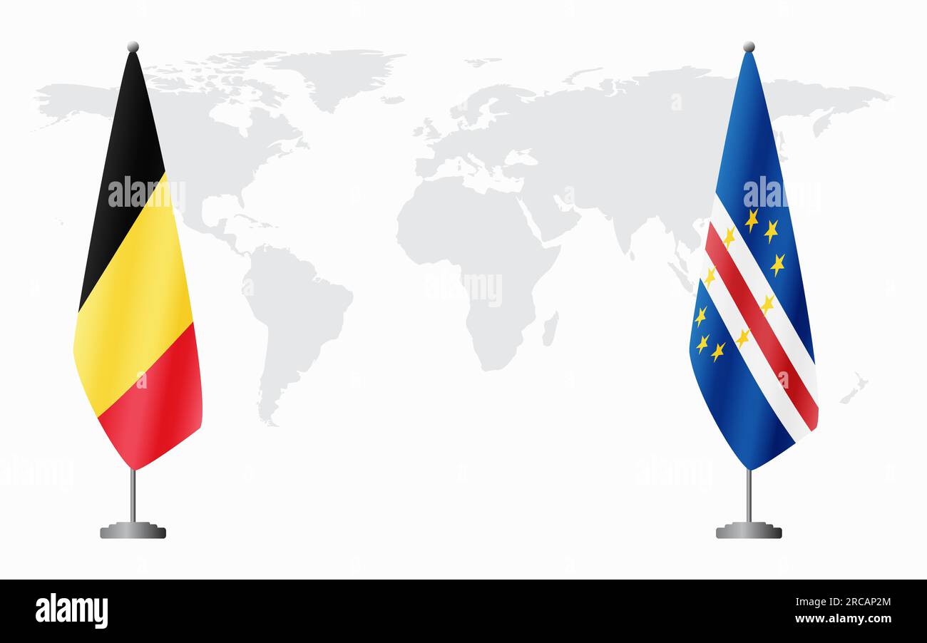 Belgium and Cape Verde flags for official meeting against background of world map. Stock Vector