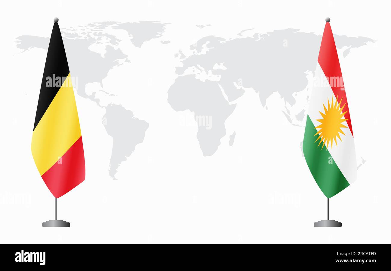 Belgium and Kurdistan flags for official meeting against background of world map. Stock Vector