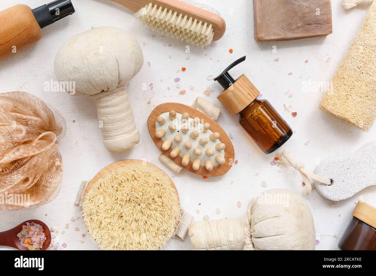 Composition with different bath accessories and cosmetics on light ...