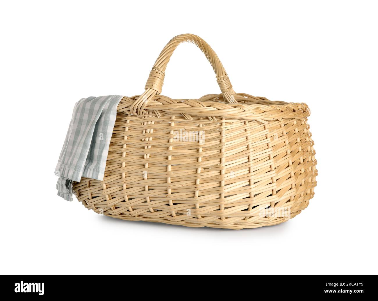 Wicker picnic basket with checkered napkin on white background Stock ...