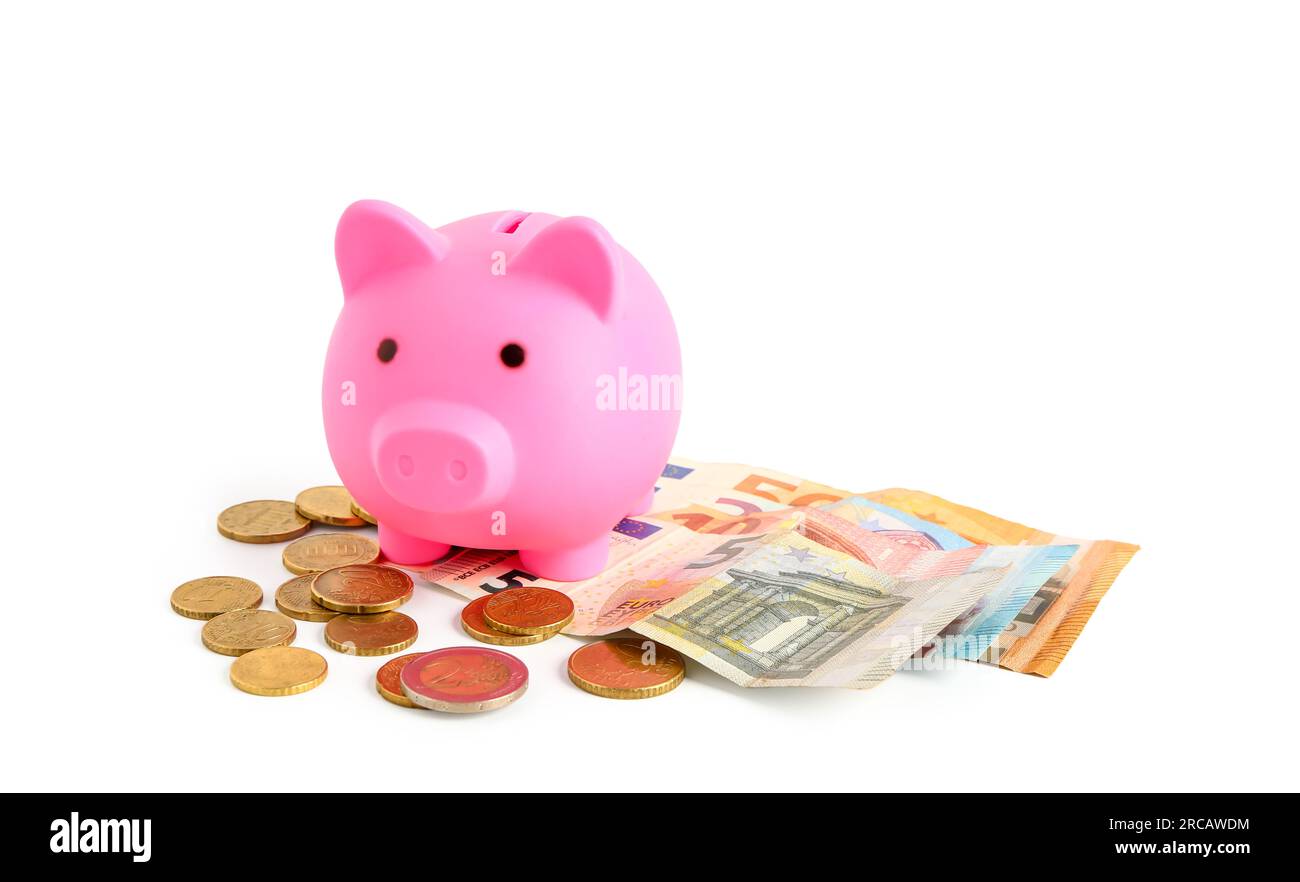 Pink piggy bank with euro banknotes and coins isolated on white ...