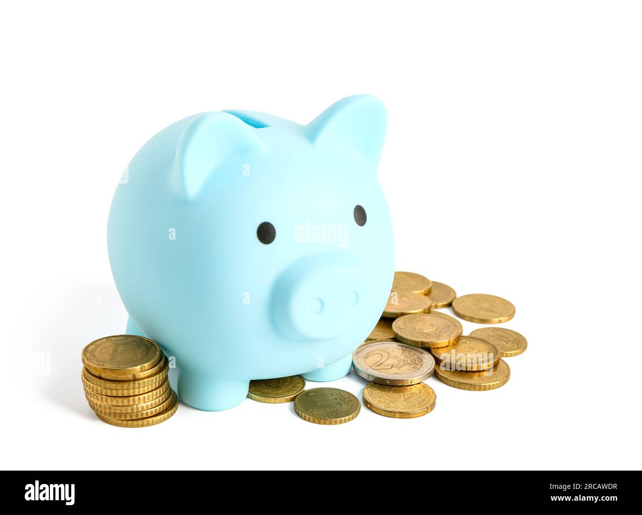 Blue piggy bank with coins isolated on white background Stock Photo - Alamy