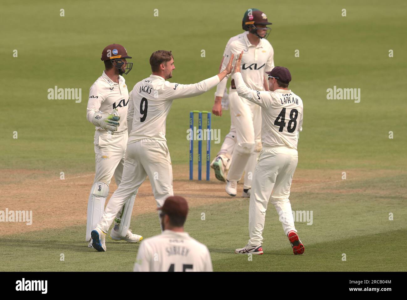 London, UK. 13th July, 2023. Surrey celebrate. Ben Slater caught Sean Abbott bowled Will Jacks as Surrey take on Nottinghamshire in the County Championship at the Kia Oval, day four. Credit: David Rowe/Alamy Live News Stock Photo