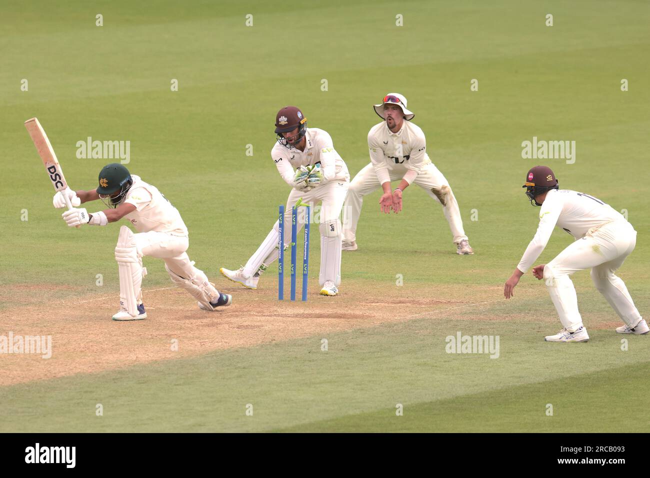 London, UK. 13th July, 2023. Quick work by Ben Foakes but Haseeb Hameed keeps his back foot well anchored as Surrey take on Nottinghamshire in the County Championship at the Kia Oval, day four. Credit: David Rowe/Alamy Live News Stock Photo