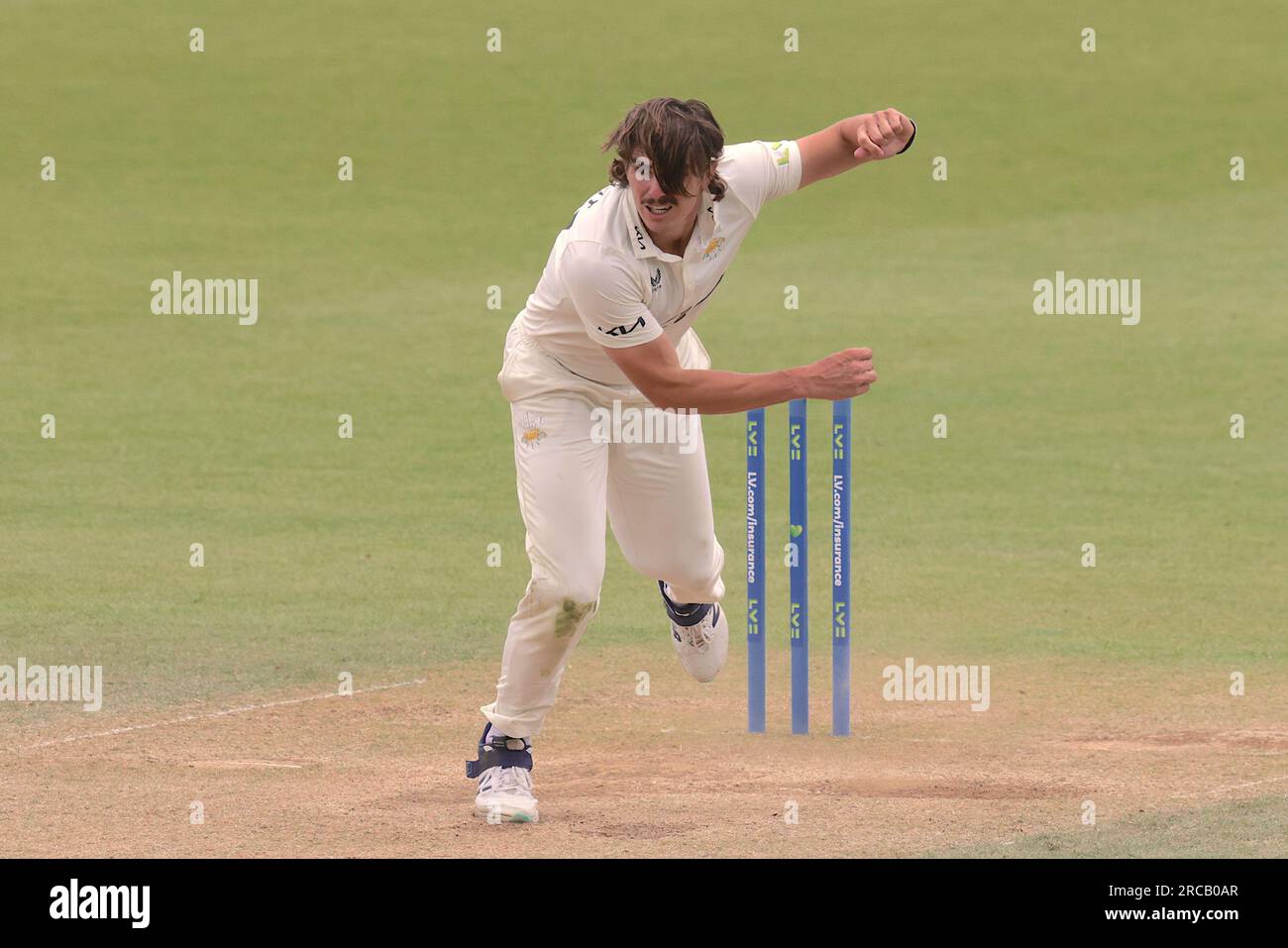 London, UK. 13th July, 2023. Surrey's Sean Abbott bowling as Surrey take on Nottinghamshire in the County Championship at the Kia Oval, day four. Credit: David Rowe/Alamy Live News Stock Photo
