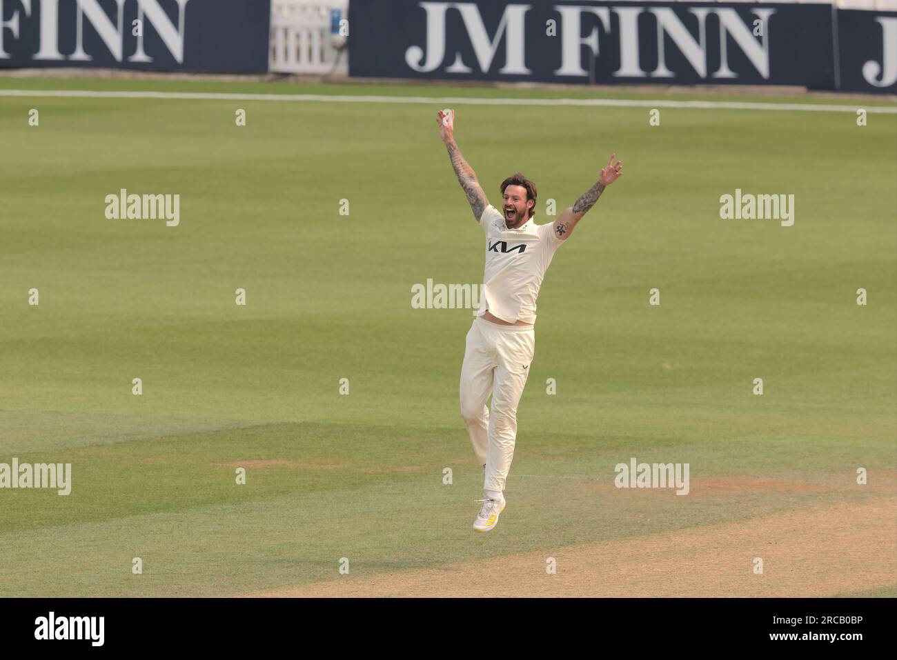 London, UK. 13th July, 2023. Surrey's Jordan Clark starts to celebrate but Ben Slater is not out as Surrey take on Nottinghamshire in the County Championship at the Kia Oval, day four. Credit: David Rowe/Alamy Live News Stock Photo