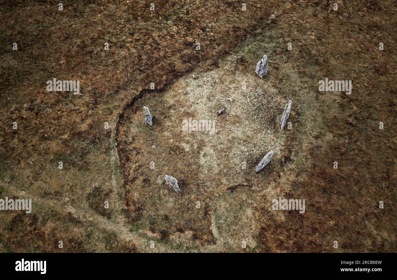 Garynahine prehistoric Neolithic stone circle aka Callanish IV Calanais IV. Isle of Lewis, Outer Hebrides. Aerial, drone Stock Photo