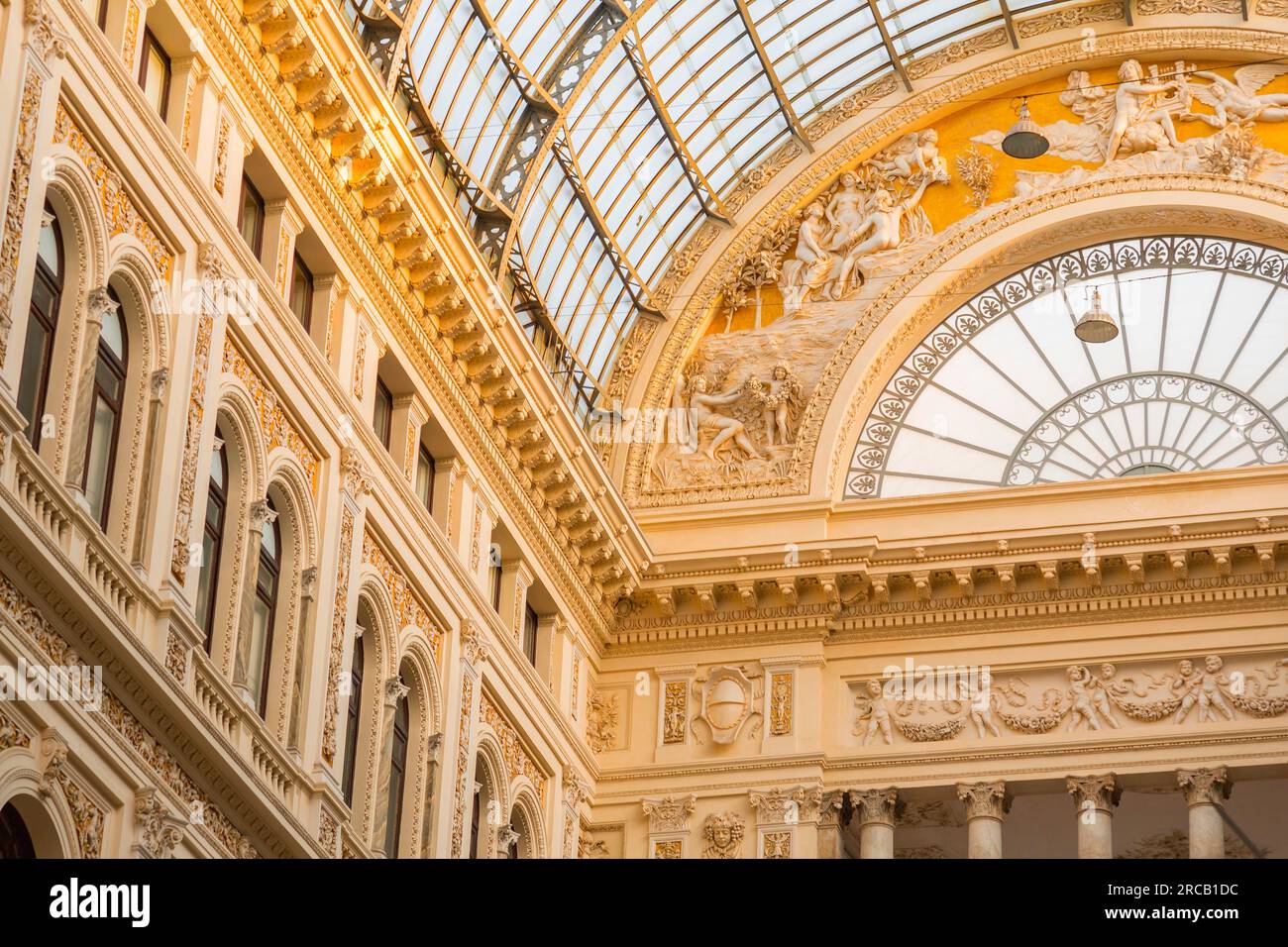 Interior view of Galleria Umberto I, a public shopping gallery in Naples, Italy. Built between