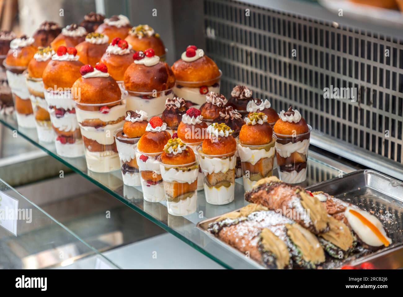 Typical Neapolitan pastry products sold at a local bakery in Naples