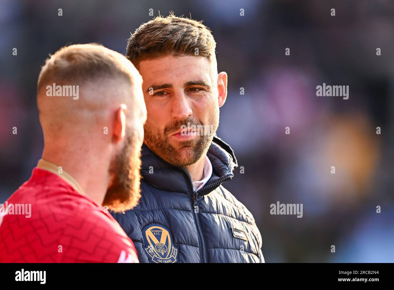 Tommy Makinson #2 of St Helens chats to Sam Tomkins #29 of Catalans Dragons ahead of the Betfred Super League Round 19 match St Helens vs Catalans Dragons at Totally Wicked Stadium, St Helens, United Kingdom, 13th July 2023 (Photo by Craig Thomas/News Images) in, on 7/13/2023. (Photo by Craig Thomas/News Images/Sipa USA) Credit: Sipa USA/Alamy Live News Stock Photo