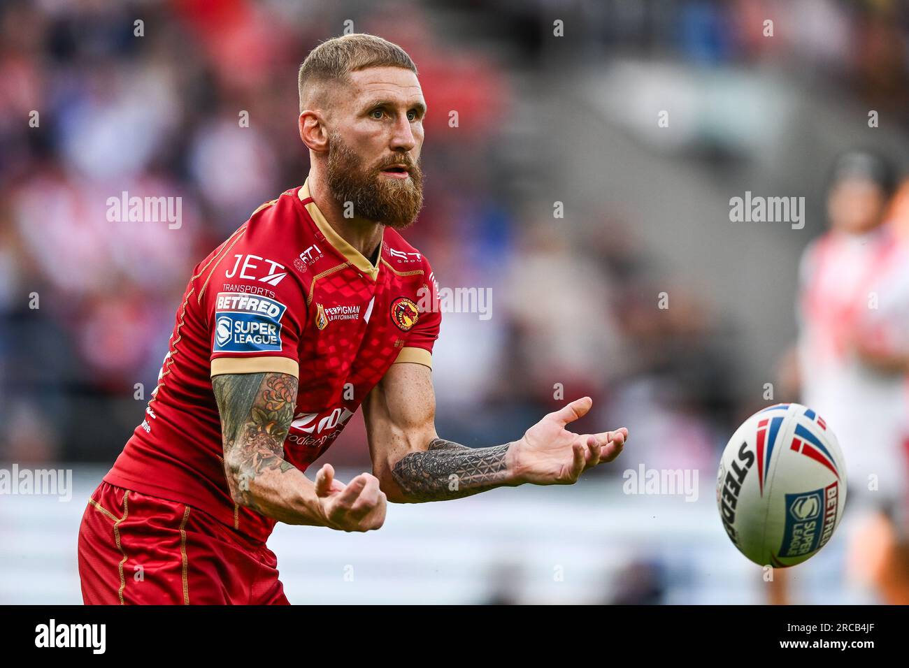Sam Tomkins #29 of Catalans Dragons in action during the Betfred Super League Round 19 match St Helens vs Catalans Dragons at Totally Wicked Stadium, St Helens, United Kingdom, 13th July 2023  (Photo by Craig Thomas/News Images) Stock Photo
